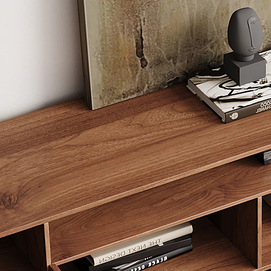 Vodrohome modern tv unit cabinet with 7 compartments – solid acacia wood tvc in walnut finish – tv consol table with set up box shelf  TV#007 - vodrohome