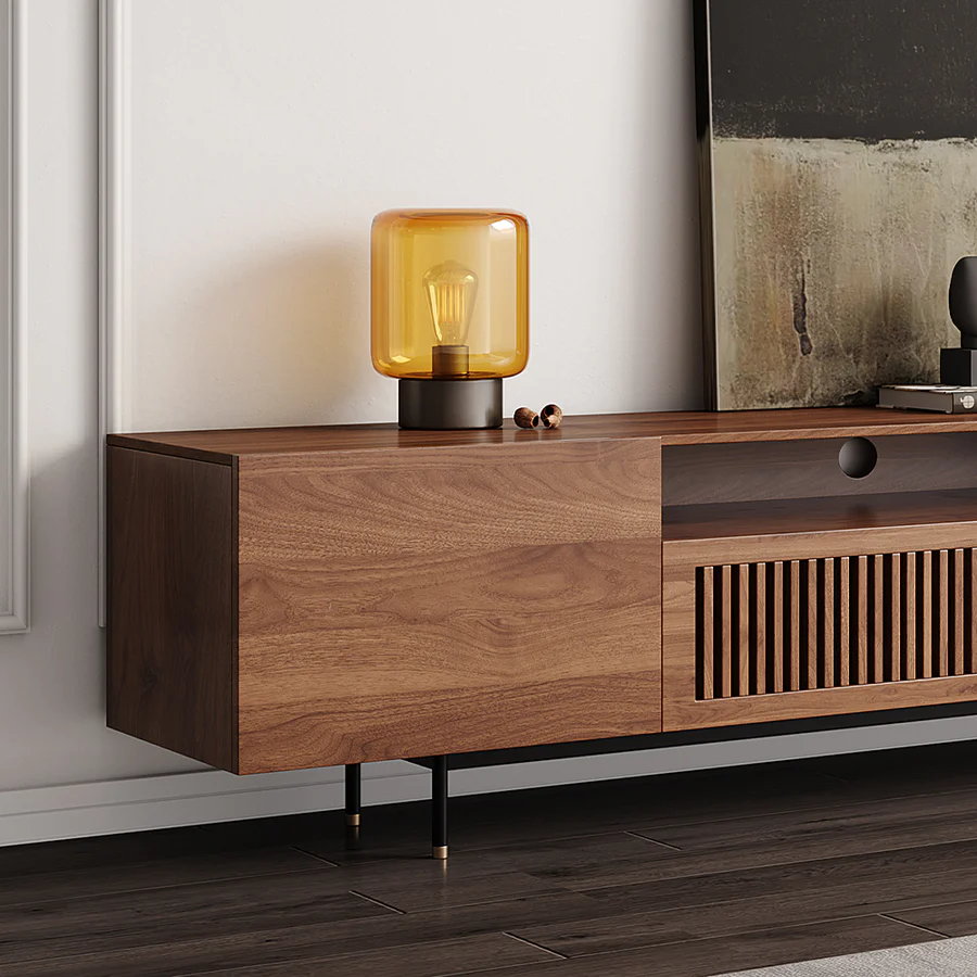 Vodrohome modern tv unit cabinet with 7 compartments – solid acacia wood tvc in walnut finish – tv consol table with set up box shelf  TV#007 - vodrohome