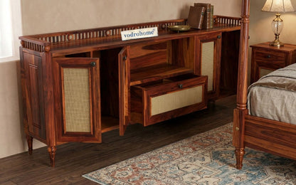 vodrohome jaipur style tv unit cabinet with slatted door multi compartments– solid sheesham wood tvc honey finish – luxurious tv consol table with set up box shelf 147 x 45 x 53 cm  TV#023