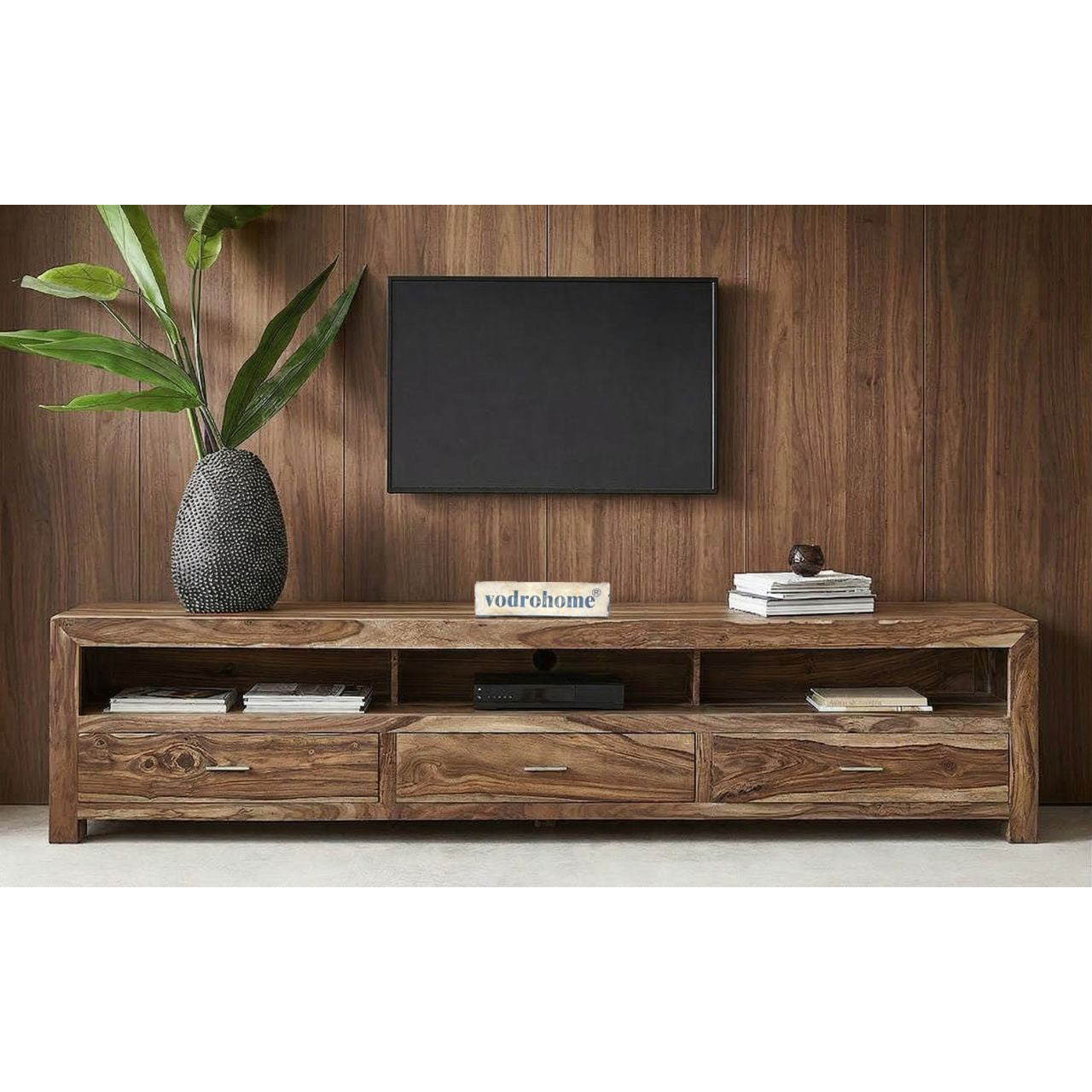 vodrohome tv unit cabinet with 3 drawers – solid sheesham wood entertainment unit - tv consol table with open set up box shelf 175 x 41 x 43 cm  TV#024