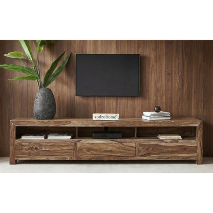 vodrohome tv unit cabinet with 3 drawers – solid sheesham wood entertainment unit - tv consol table with open set up box shelf 175 x 41 x 43 cm  TV#024