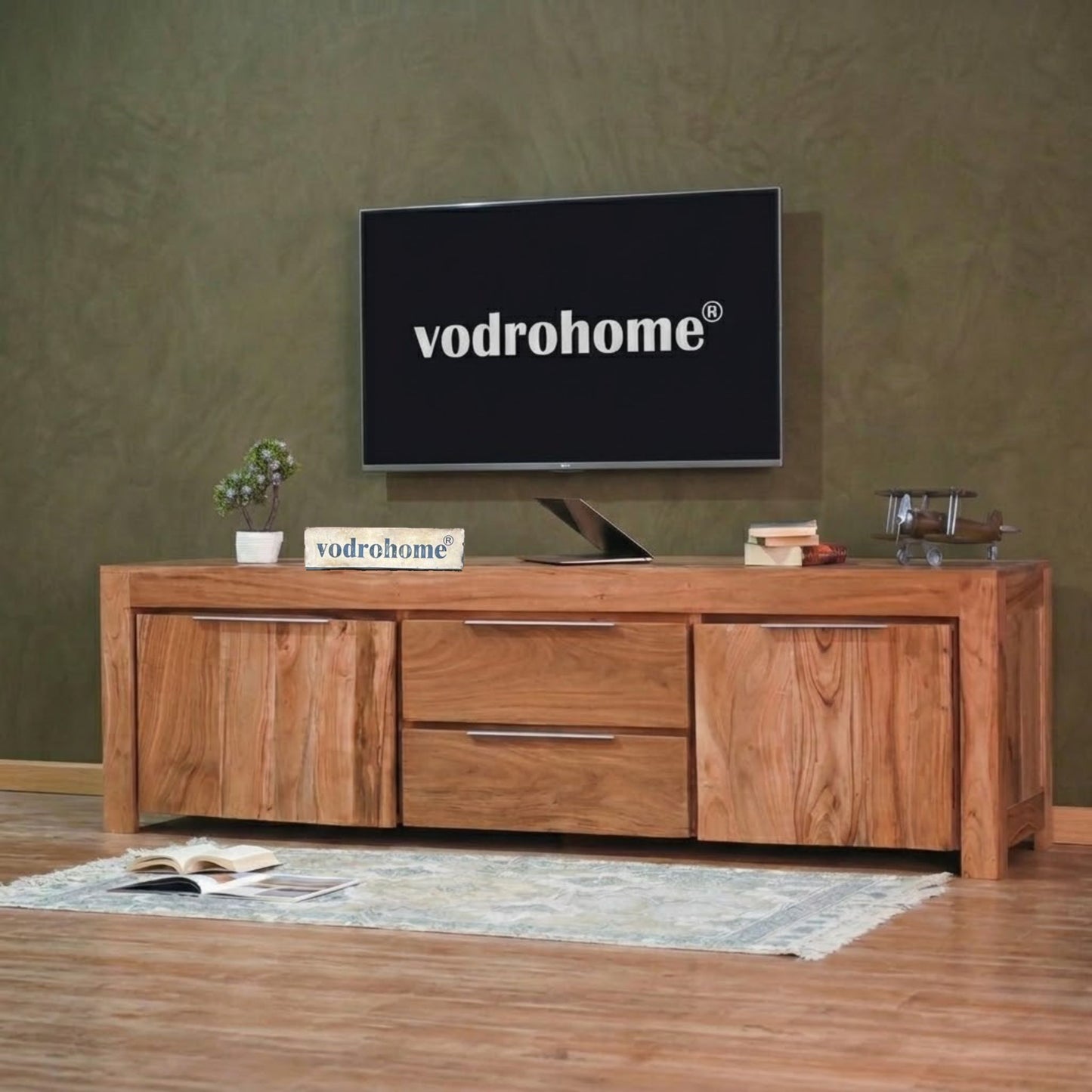 vodrohome Accacia Wood / Sheesham Wood Tv unit consol with storage - Tv Cabinet Entertainment unit 203x 50.8 x 53 TV#026