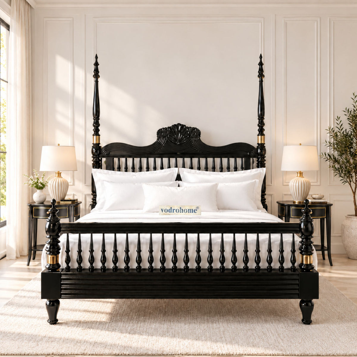 Vodrohome Georgia Solid Wood Poster Bed With Carving B#027