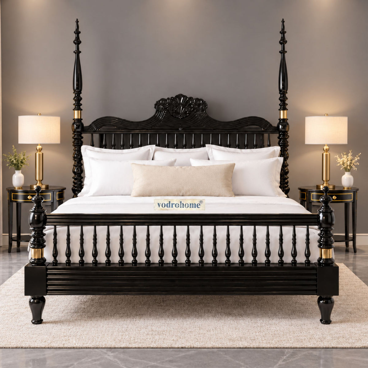 Vodrohome Georgia Solid Wood Poster Bed With Carving B#027