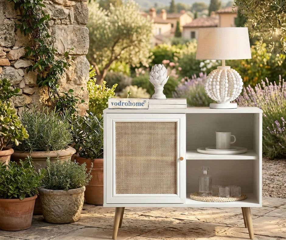 Vodrohome Mango Wood and cane rattan detail storage cabinet with 2 shelves 1 cupboard Scandi-style legs Bohemian SB#010