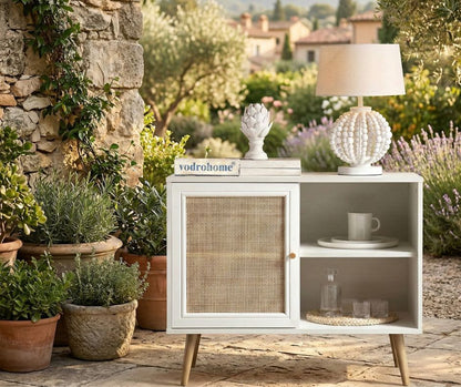 Vodrohome Mango Wood and cane rattan detail storage cabinet with 2 shelves 1 cupboard Scandi-style legs Bohemian SB#010