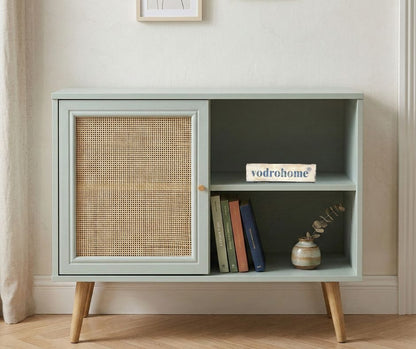 Vodrohome Mango Wood and cane rattan detail storage cabinet with 2 shelves 1 cupboard Scandi-style legs Bohemian SB#010