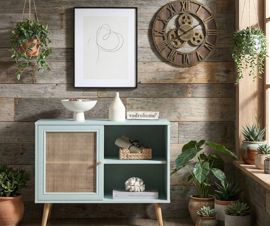 Vodrohome Mango Wood and cane rattan detail storage cabinet with 2 shelves 1 cupboard Scandi-style legs Bohemian SB#010