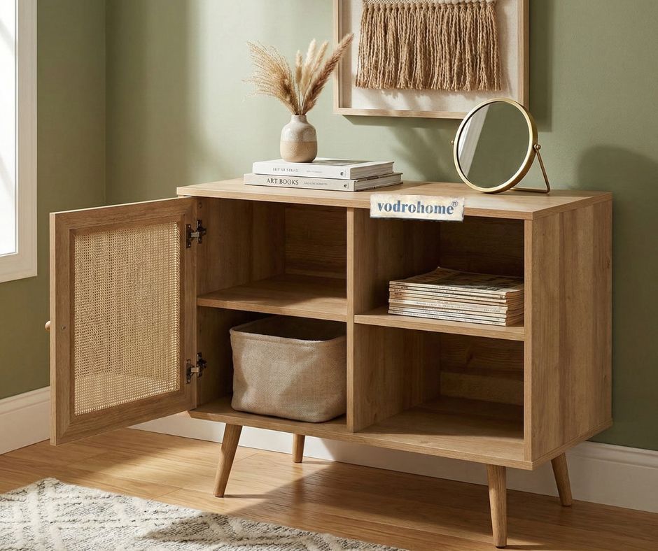 Vodrohome Mango Wood and cane rattan detail storage cabinet with 2 shelves 1 cupboard Scandi-style legs Bohemian SB#010