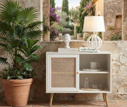 Vodrohome Mango Wood and cane rattan detail storage cabinet with 2 shelves 1 cupboard Scandi-style legs Bohemian SB#010