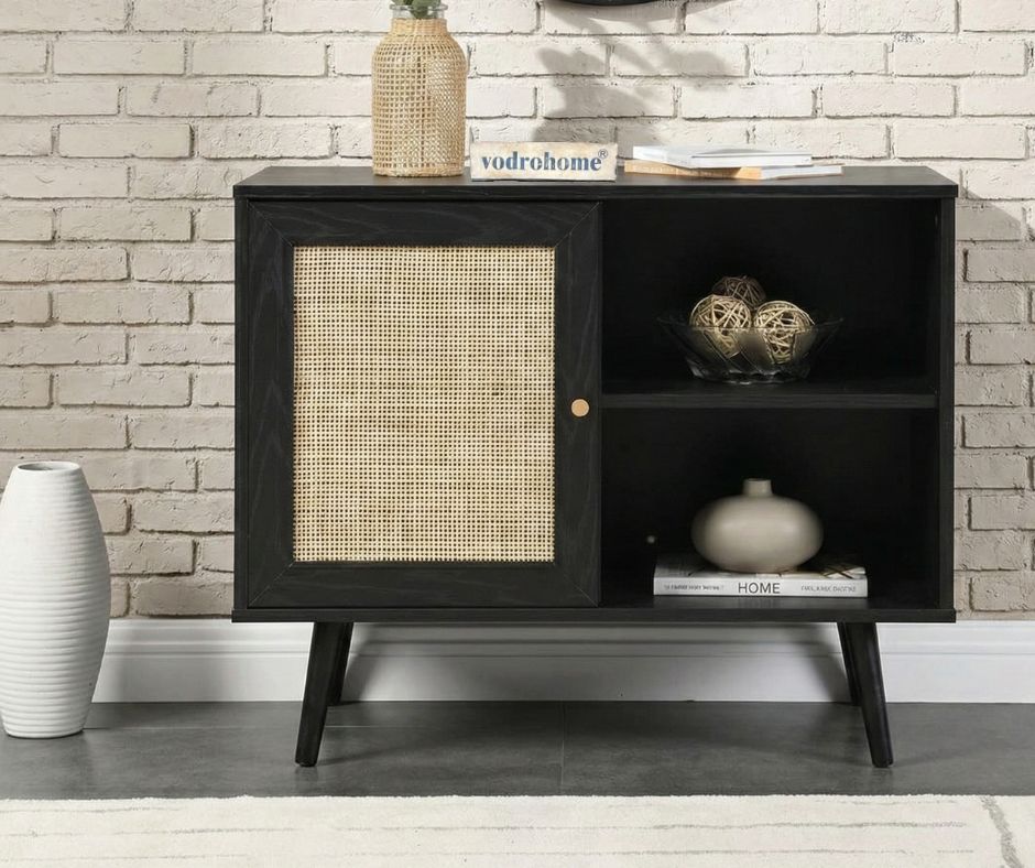 Vodrohome Mango Wood and cane rattan detail storage cabinet with 2 shelves 1 cupboard Scandi-style legs Bohemian SB#010