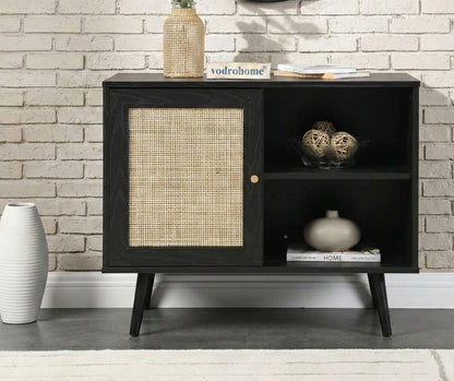 Vodrohome Mango Wood and cane rattan detail storage cabinet with 2 shelves 1 cupboard Scandi-style legs Bohemian SB#010
