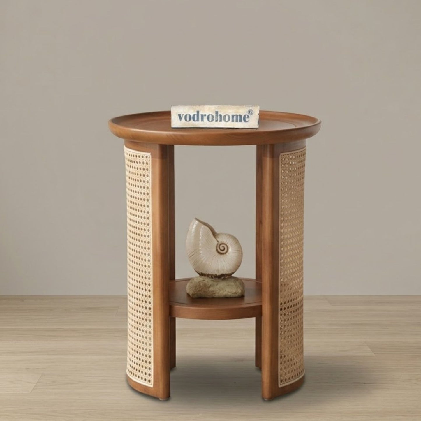 Vodrohome Rattan Coffee side table with shelf for storage – bohemian solid Mango wood side table office and living room S#045