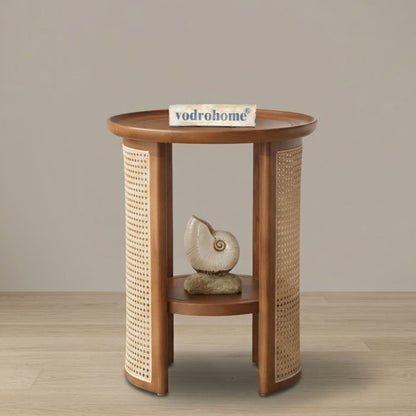 Vodrohome Rattan Coffee side table with shelf for storage – bohemian solid Mango wood side table office and living room S#045