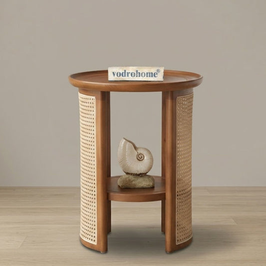 Vodrohome Rattan Coffee side table with shelf for storage – bohemian solid Mango wood side table office and living room S#045