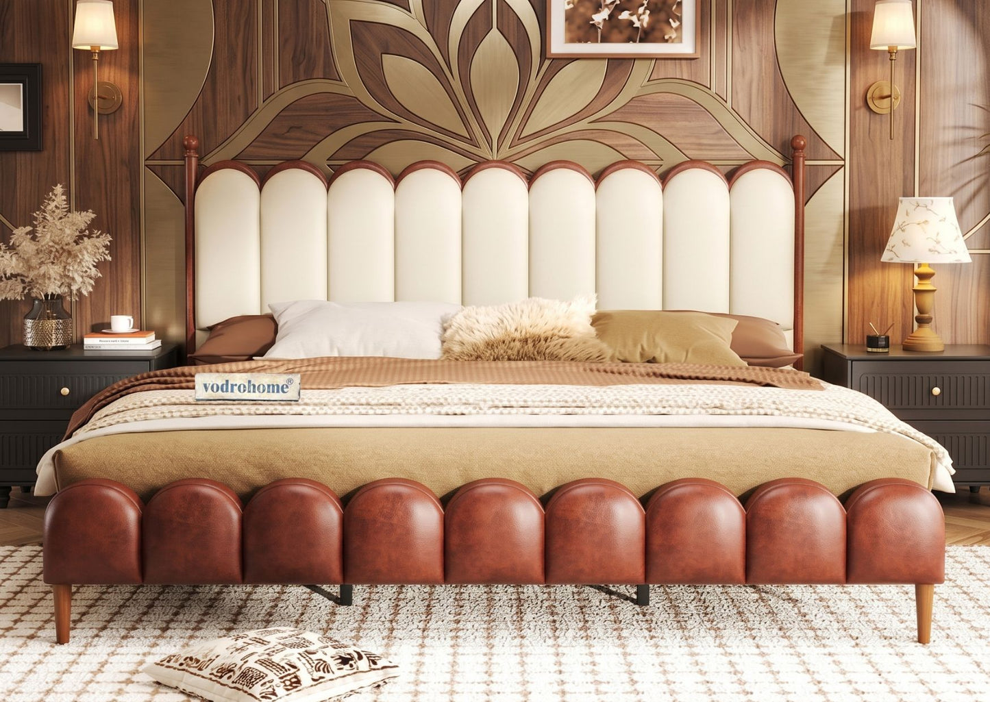 Vodrohome Sisley upholstered bed  –Solid wood cot waves bedbohemian style B#024