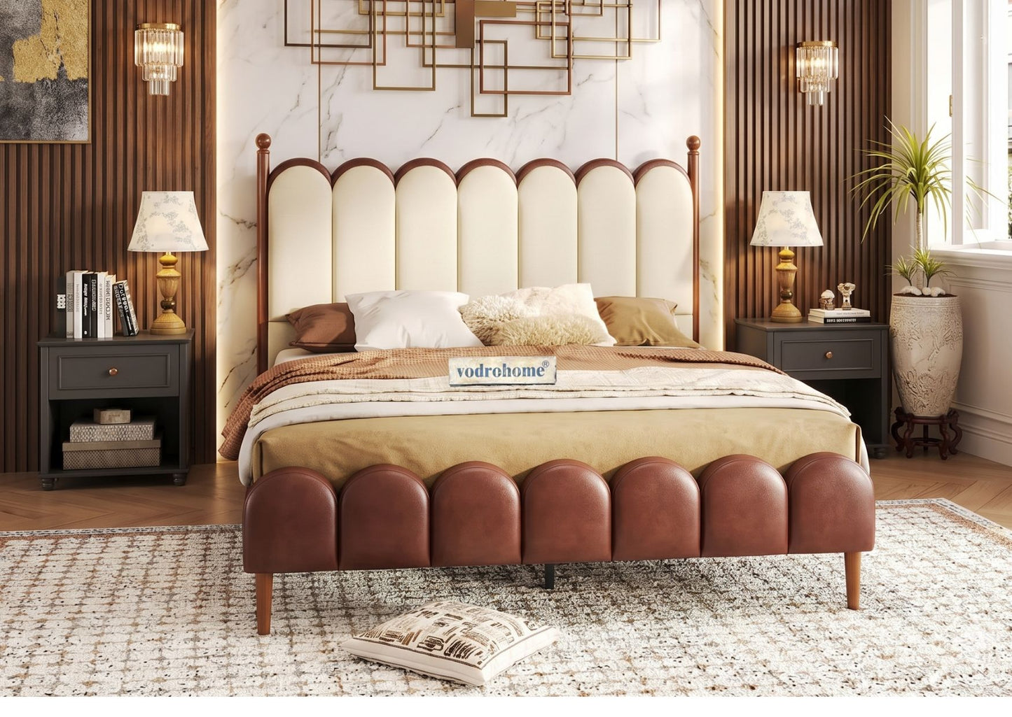 Vodrohome Sisley upholstered bed  –Solid wood cot waves bedbohemian style B#024