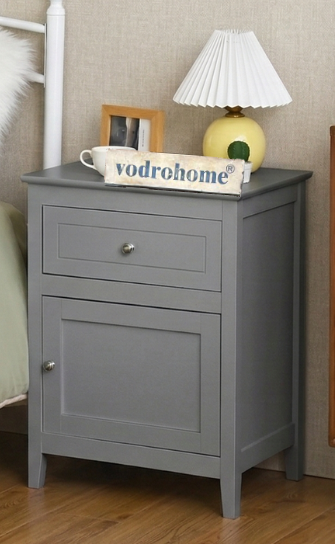 Vodrohome Acacia wood bedside table with 1 drawer and an compartment with door, solid wood night stand in gray finish 48x38x63 cm  S#013