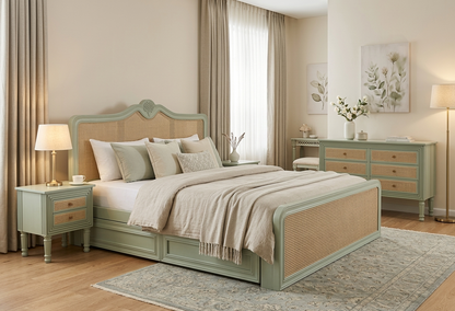 Vodrohome Rattan Bed With Drawer Storage - Mango Wood Rattan Cane Bed B#002