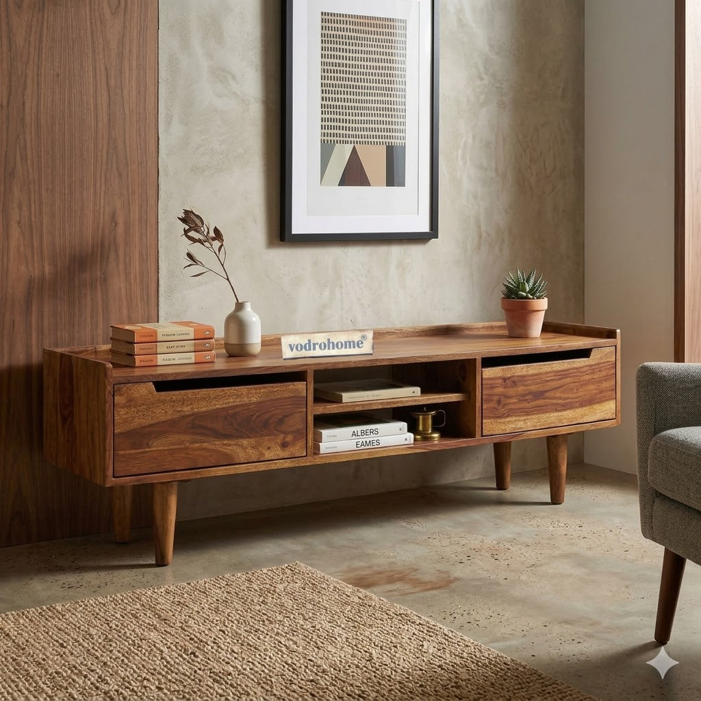 vodrohome Honey tv unit cabinet with cupboard – solid sheesham wood tvc – tv consol table with set up box shelf  TV#015