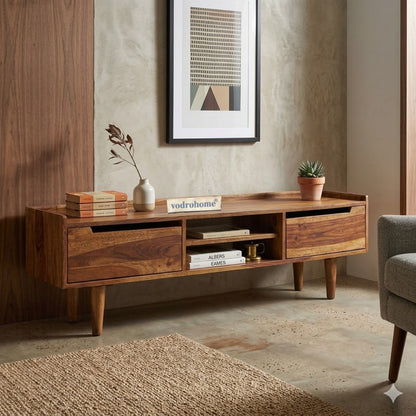 vodrohome Honey tv unit cabinet with cupboard – solid sheesham wood tvc – tv consol table with set up box shelf  TV#015