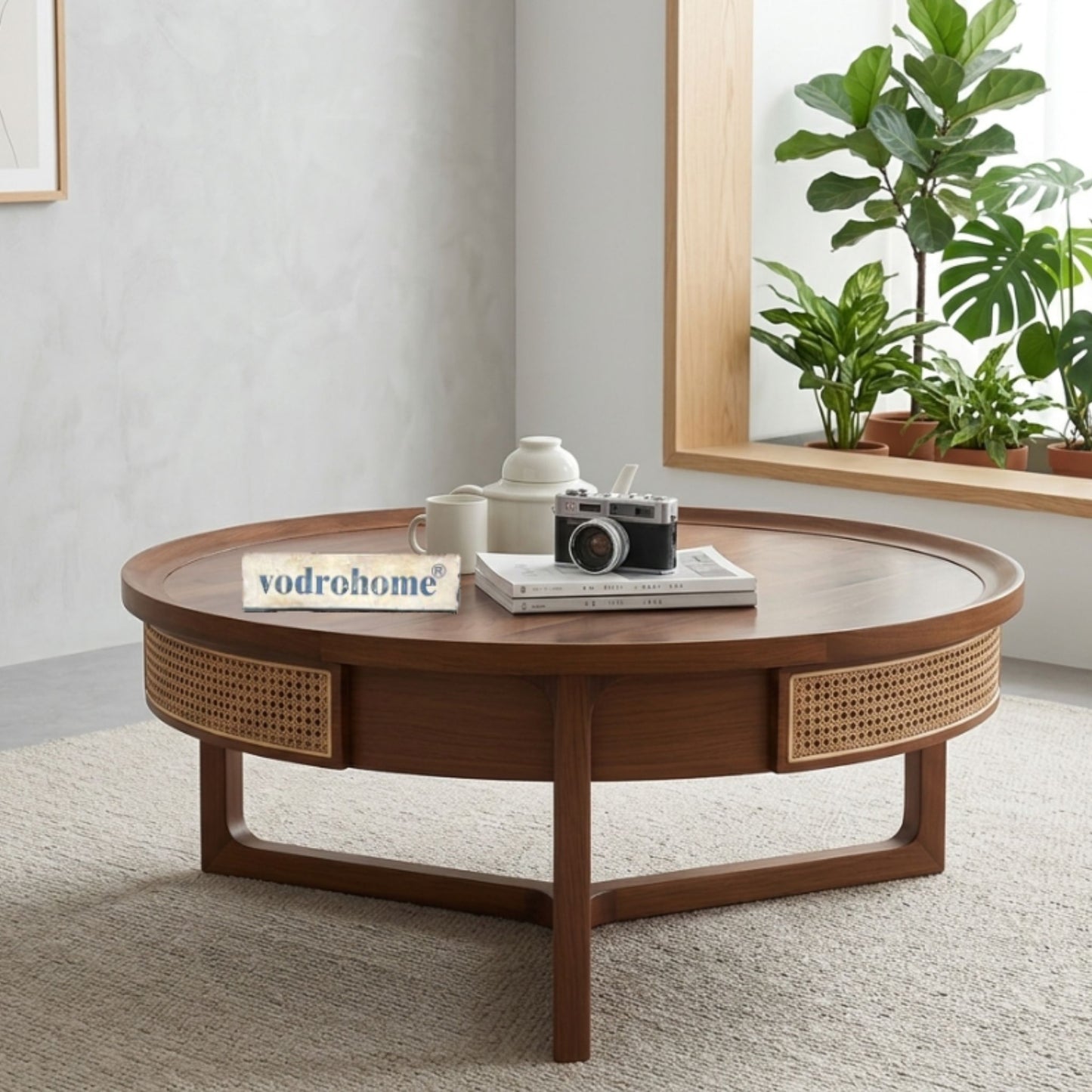 vodrohome Rattan Coffee Table With Drawer – cane center table with for storage – bohemian solid mango wood coffee table for office and living room C#083