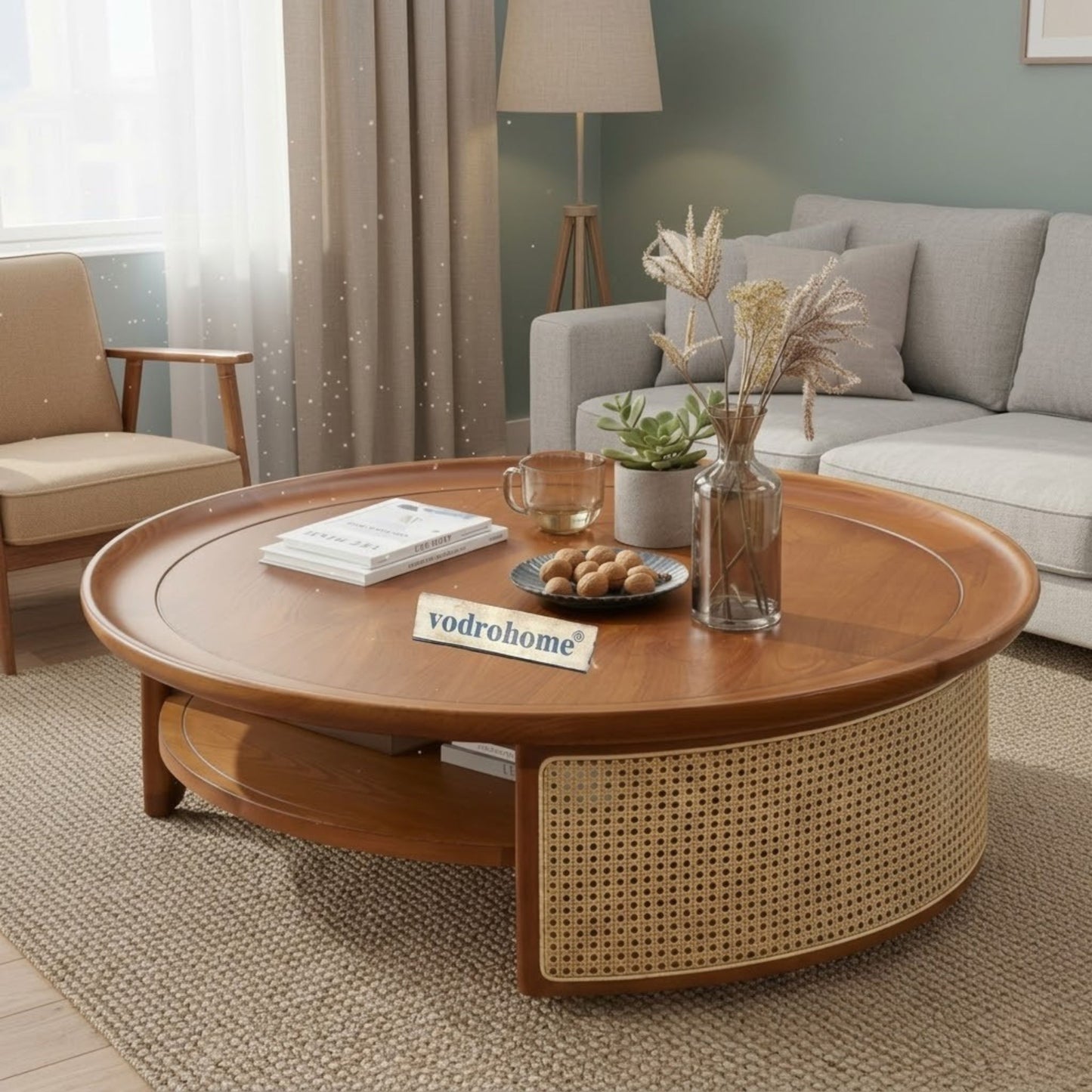 Vodrohome Rattan Coffee Table – cane center table with shelf for storage – bohemian solid mango wood coffee table for office and living room C#027