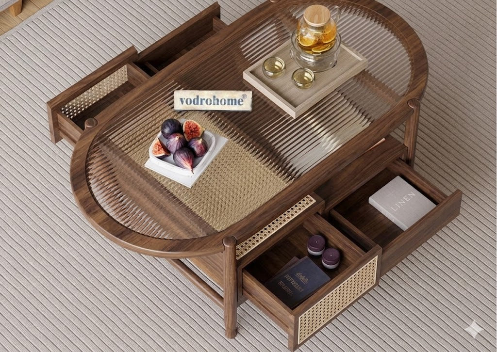vodrohome Rattan Coffee Table – cane center table with storage drawer and fluted glass – bohemian solid Acacia wood coffee table for office and living room C#086