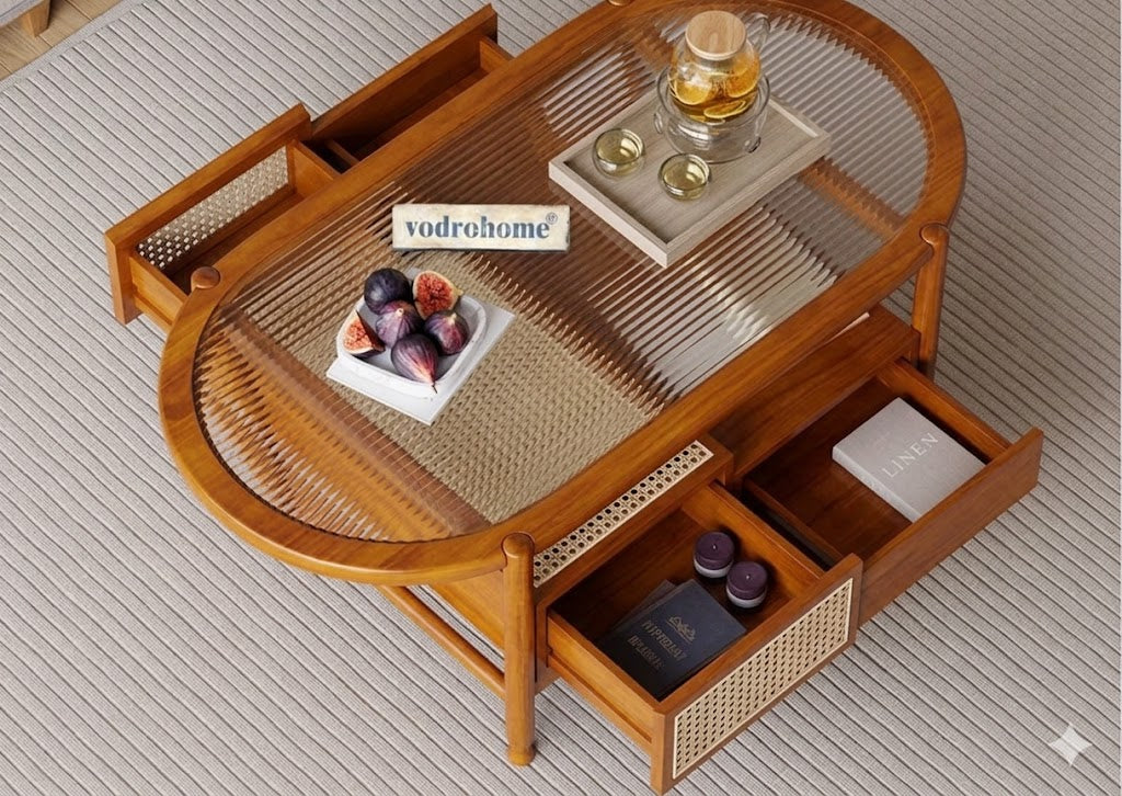 vodrohome Rattan Coffee Table – cane center table with storage drawer and fluted glass – bohemian solid Acacia wood coffee table for office and living room C#086