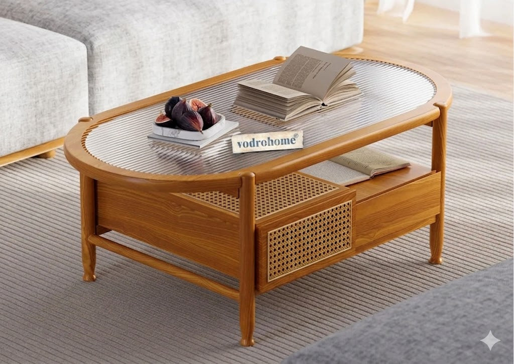 vodrohome Rattan Coffee Table – cane center table with storage drawer and fluted glass – bohemian solid Acacia wood coffee table for office and living room C#086