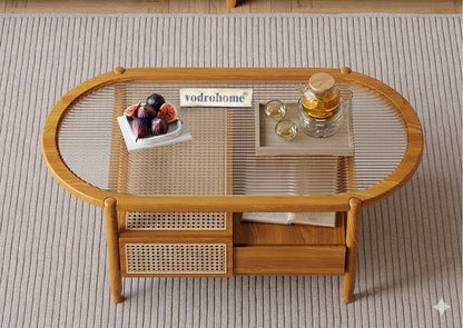 vodrohome Rattan Coffee Table – cane center table with storage drawer and fluted glass – bohemian solid Acacia wood coffee table for office and living room C#086