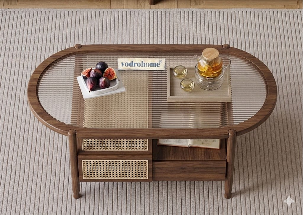 vodrohome Rattan Coffee Table – cane center table with storage drawer and fluted glass – bohemian solid Acacia wood coffee table for office and living room C#086