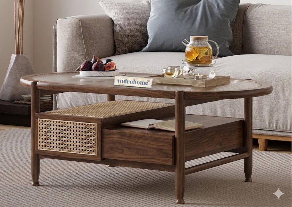 vodrohome Rattan Coffee Table – cane center table with storage drawer and fluted glass – bohemian solid Acacia wood coffee table for office and living room C#086