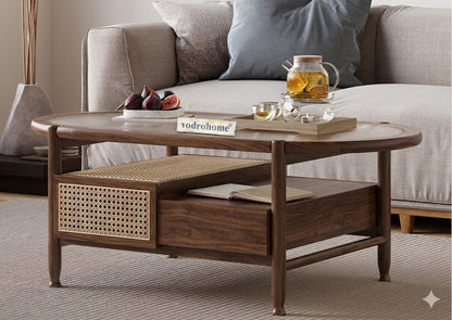 vodrohome Rattan Coffee Table – cane center table with storage drawer and fluted glass – bohemian solid Acacia wood coffee table for office and living room C#086