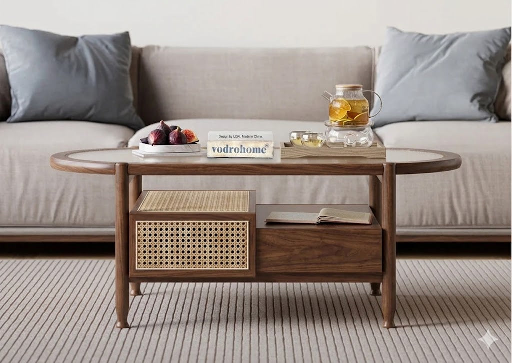 vodrohome Rattan Coffee Table – cane center table with storage drawer and fluted glass – bohemian solid Acacia wood coffee table for office and living room C#086