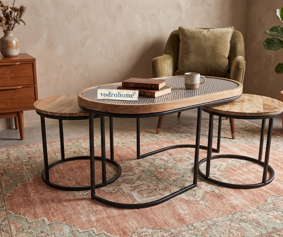 Vodrohome charcoal rattan cane center table with glass top–end table - set of three coffeetable – wood and cane nesting table S#078
