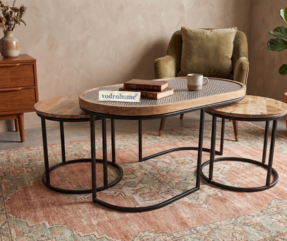 Vodrohome charcoal rattan cane center table with glass top–end table - set of three coffeetable – wood and cane nesting table S#078