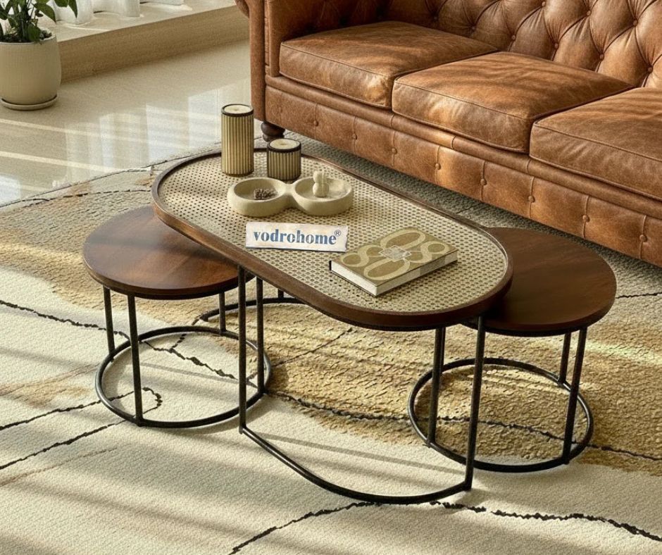 Vodrohome charcoal rattan cane center table with glass top–end table - set of three coffeetable – wood and cane nesting table S#078