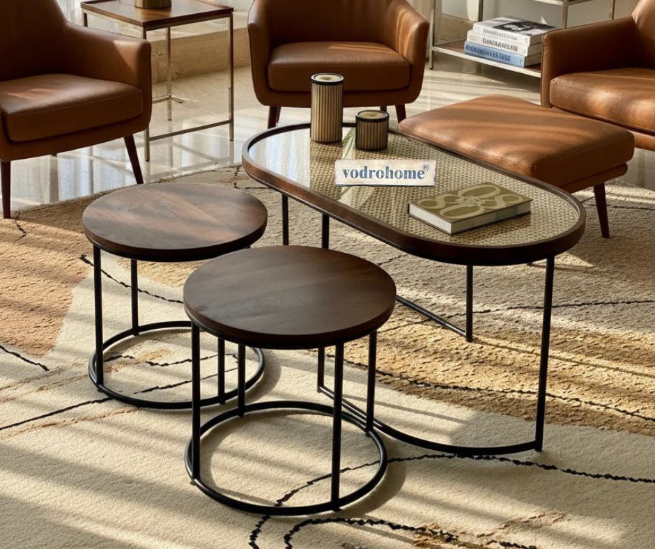 Vodrohome charcoal rattan cane center table with glass top–end table - set of three coffeetable – wood and cane nesting table S#078