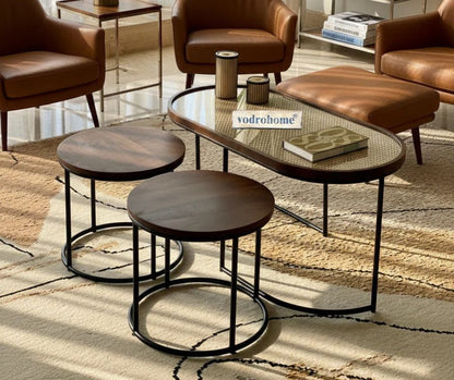 Vodrohome charcoal rattan cane center table with glass top–end table - set of three coffeetable – wood and cane nesting table S#078
