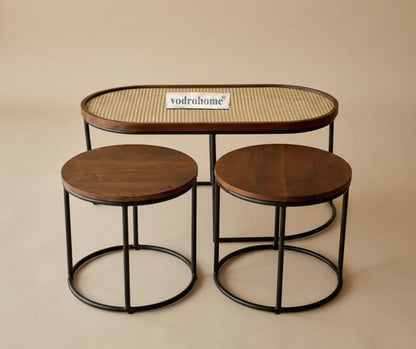 Vodrohome charcoal rattan cane center table with glass top–end table - set of three coffeetable – wood and cane nesting table S#078
