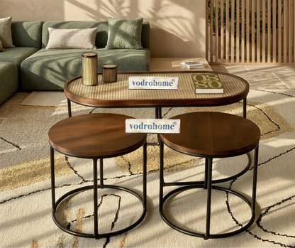 Vodrohome charcoal rattan cane center table with glass top–end table - set of three coffeetable – wood and cane nesting table S#078