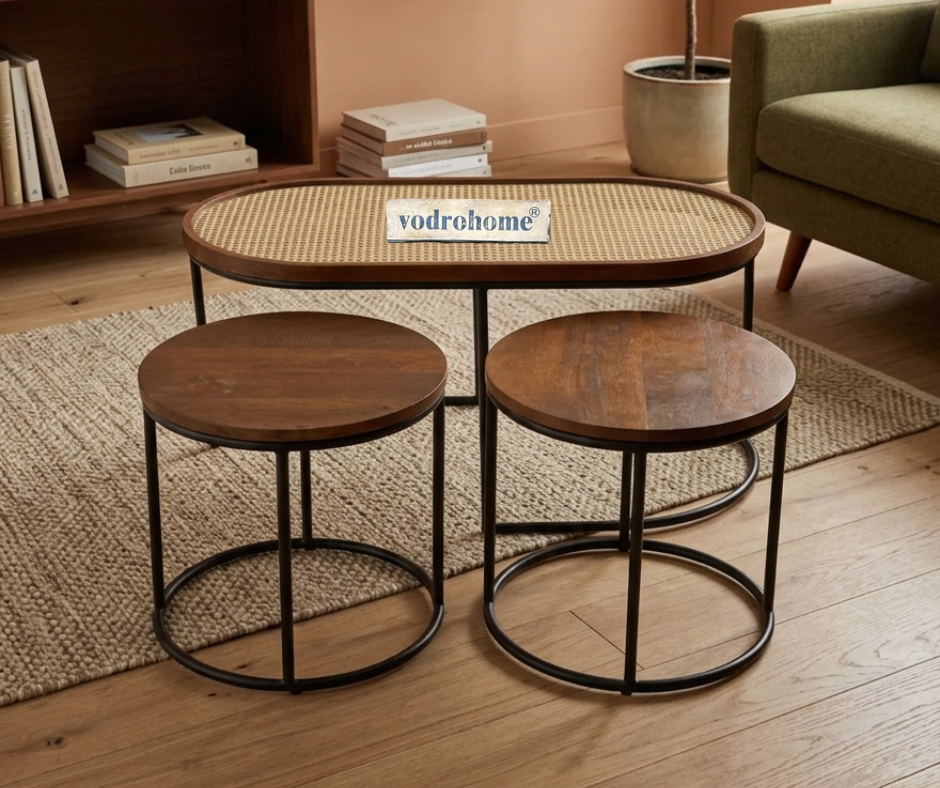 Vodrohome charcoal rattan cane center table with glass top–end table - set of three coffeetable – wood and cane nesting table S#078