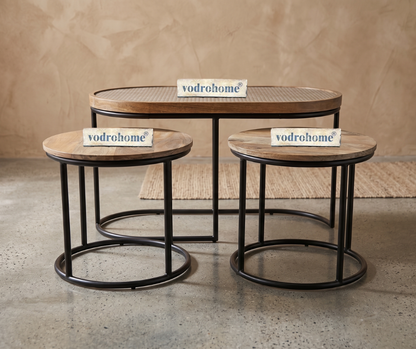 Vodrohome charcoal rattan cane center table with glass top–end table - set of three coffeetable – wood and cane nesting table S#078