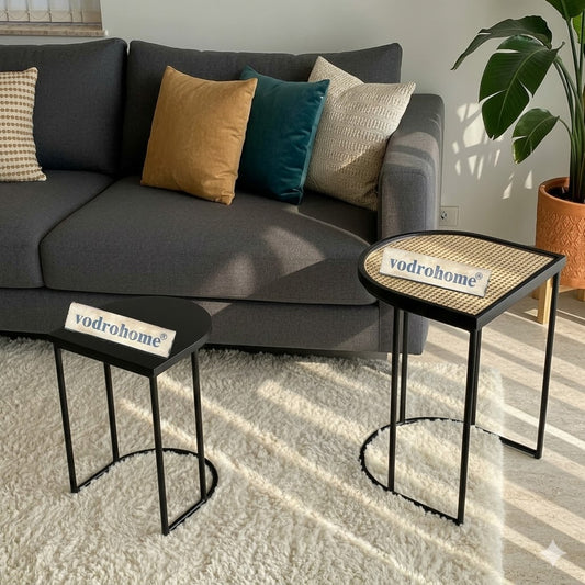 Vodrohome charcoal rattan cane side table with glass top – bohemian solid mango wood cane iron sofa side end table – wood and cane nesting table S#047