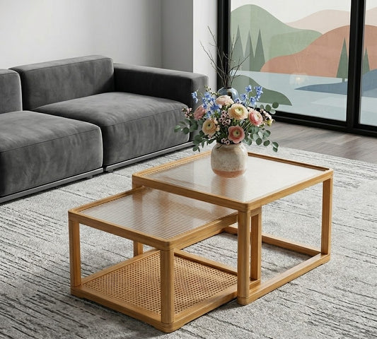 vodrohome honey center table with fluted glass top – solid wood nesting table - set of two coffee table – wood and cane nesting table S#079