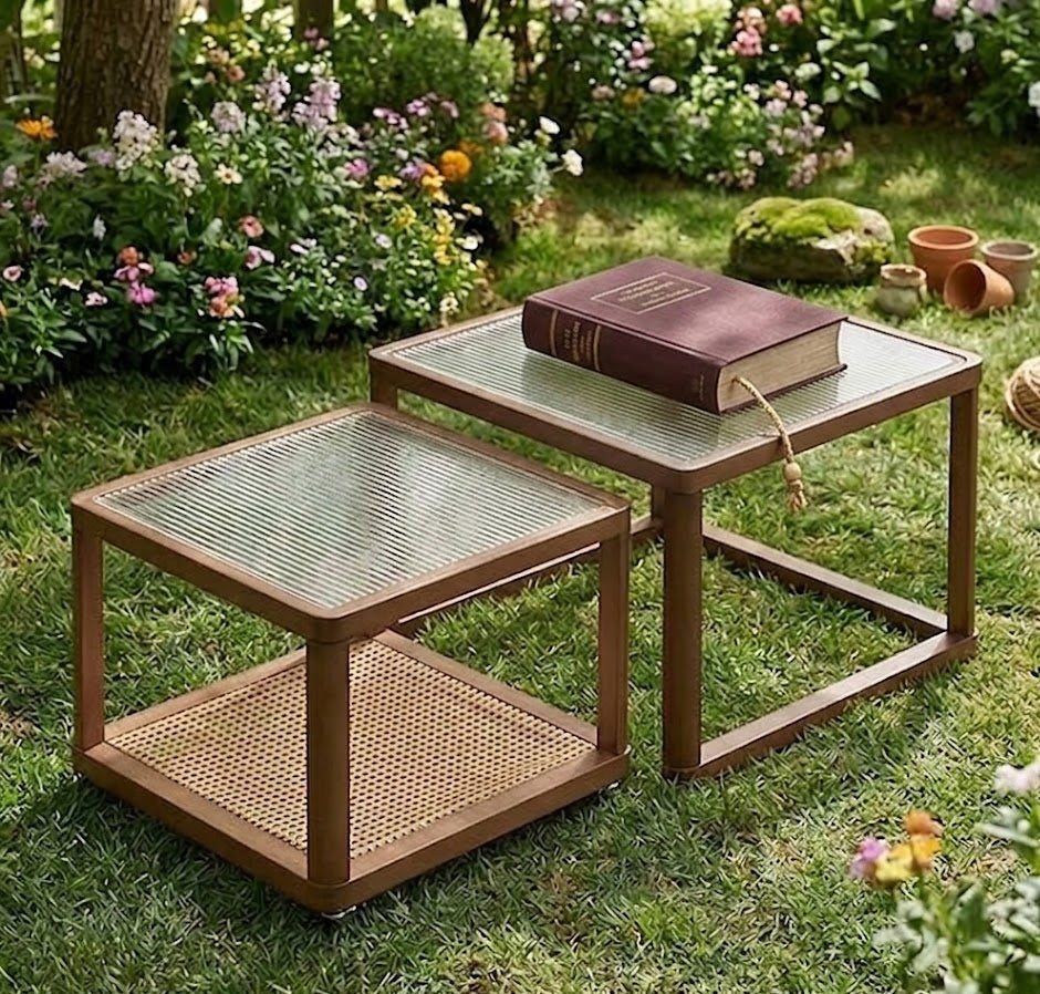 vodrohome honey center table with fluted glass top – solid wood nesting table - set of two coffee table – wood and cane nesting table S#079