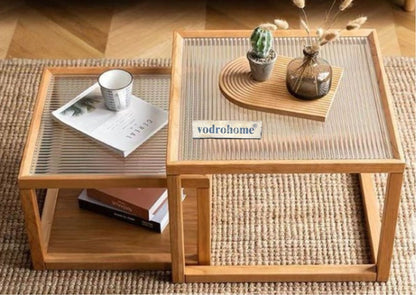 vodrohome honey center table with fluted glass top – solid wood nesting table - set of two coffee table – wood and cane nesting table S#079