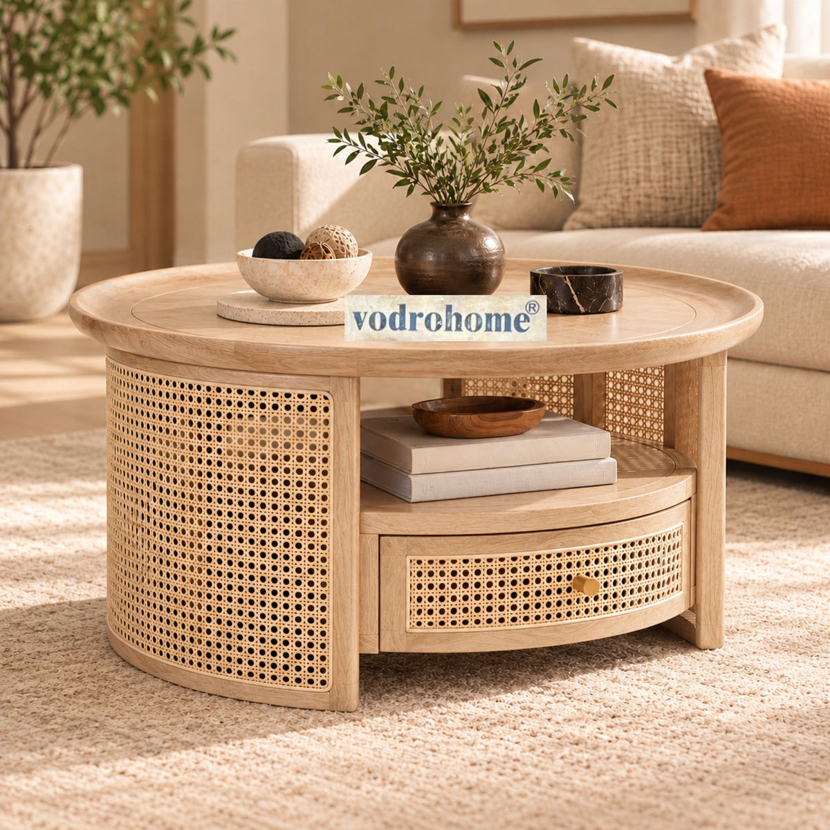 vodrohome rattan coffee table with drawer – cane center table with shelf for storage – bohemian solid mango wood coffee table for office and living room C#054 Variation