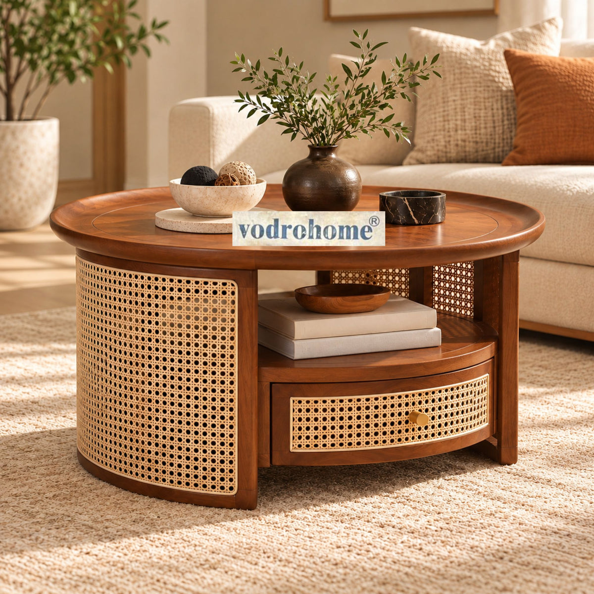 vodrohome rattan coffee table with drawer – cane center table with shelf for storage – bohemian solid mango wood coffee table for office and living room C#054 Variation